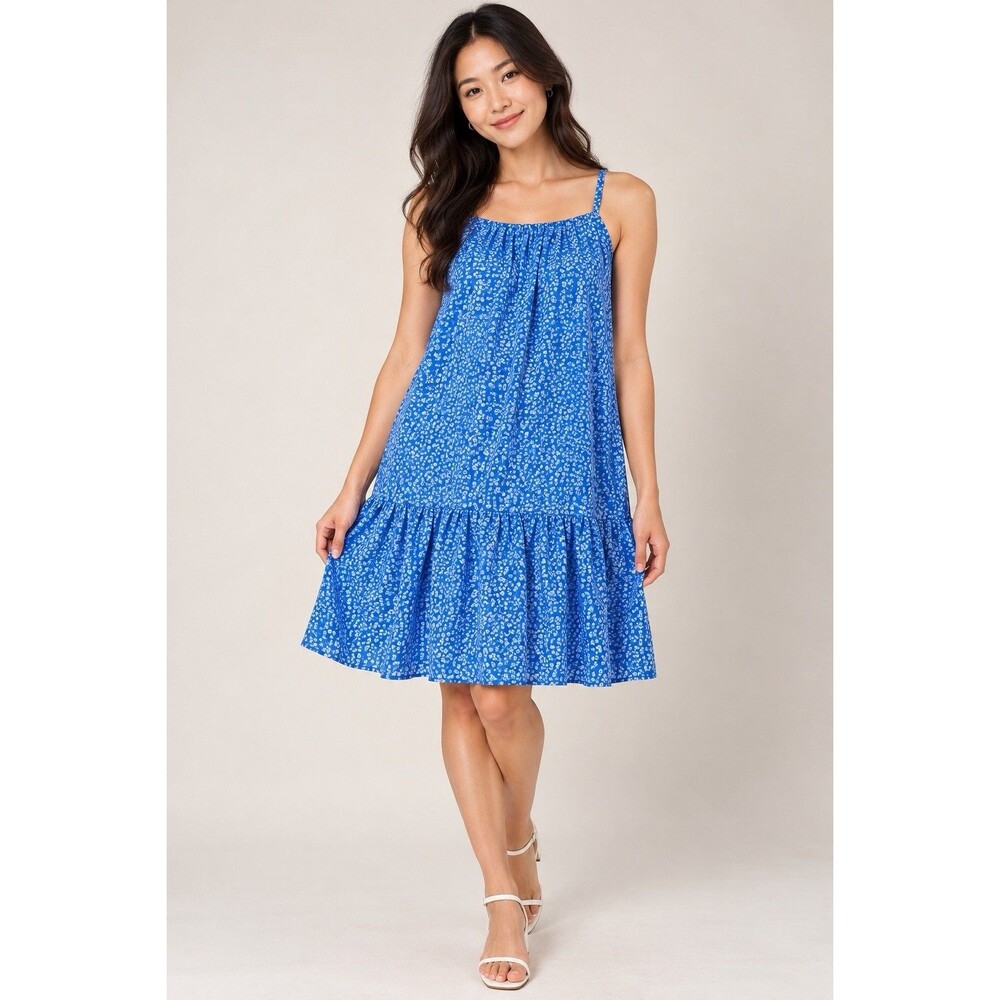 Women's Blue White Ditsy Floral Print Spaghetti Strap Ruffle Hem Midi Dress